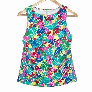 Lands End High Neck Tankini Top Womens Size 10 Modest Swimsuit Tropical Colorful